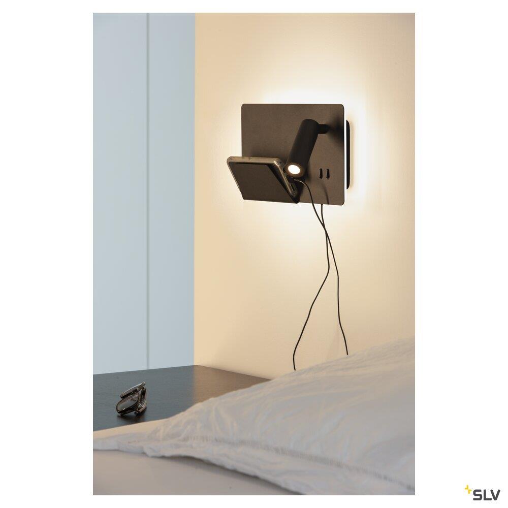 Afbeeldingen van SOMNILA SPOT, indoor LED wandarmatuur 3000K zwart versie links incl. USB-aanslui